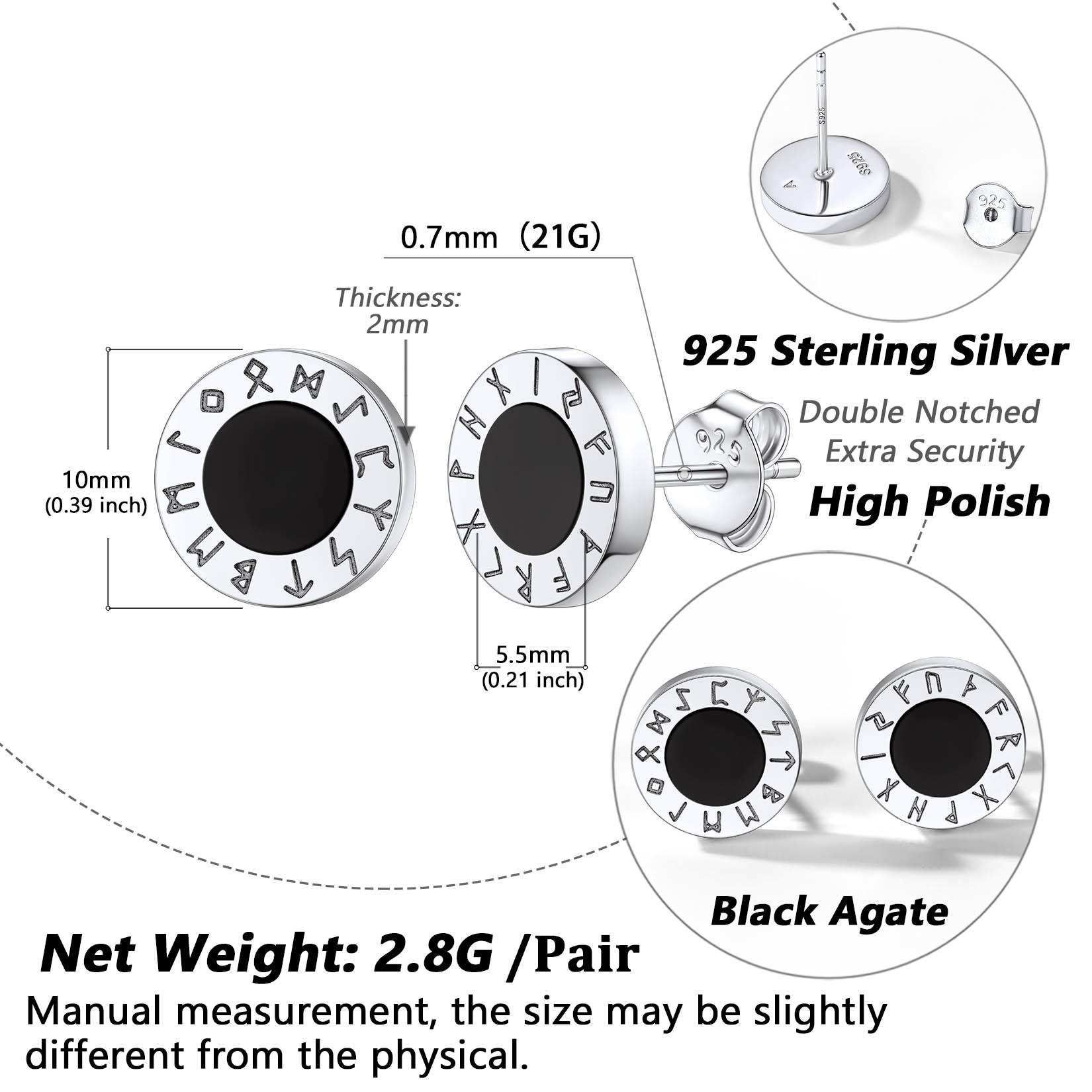 925 Sterling Silver Viking Rune Natural Black Onyx Stud Earrings size