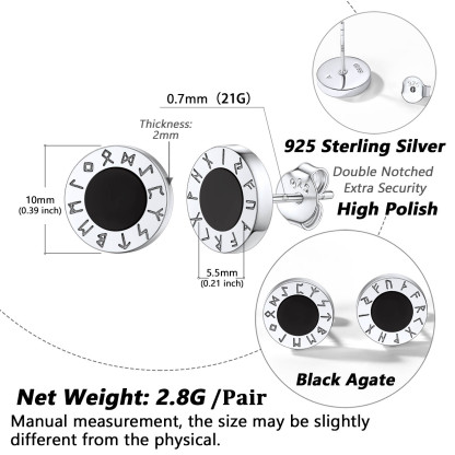 925 Sterling Silver Viking Rune Natural Black Onyx Stud Earrings size