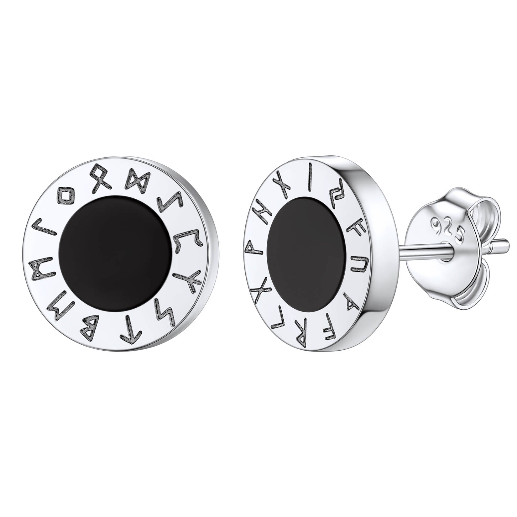 925 Sterling Silver Viking Rune Natural Black Onyx Stud Earrings SILVER