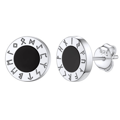 925 Sterling Silver Viking Rune Natural Black Onyx Stud Earrings SILVER