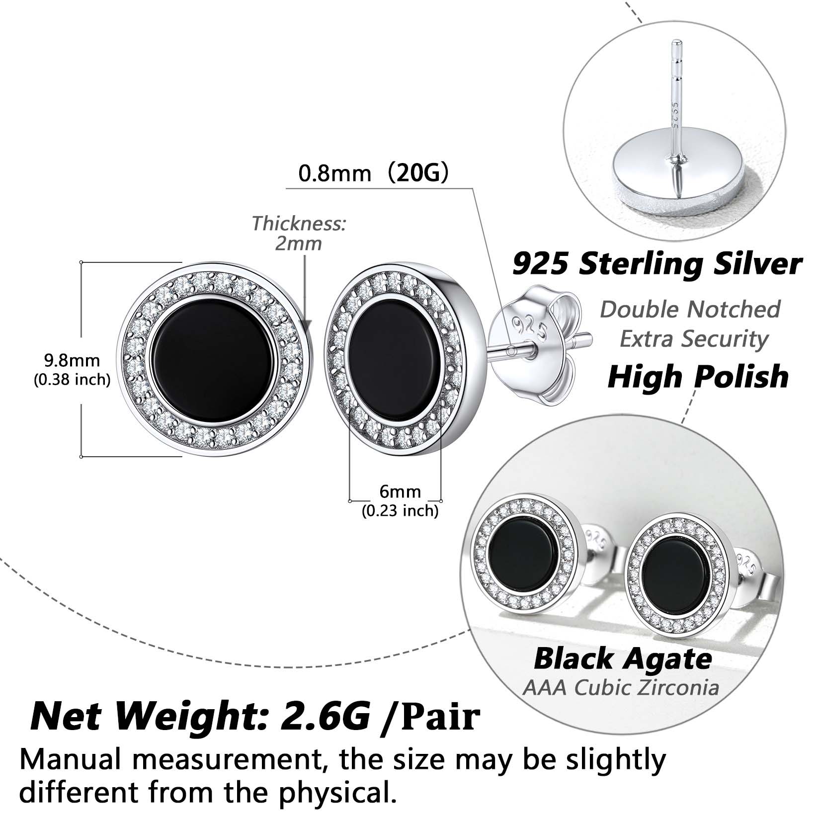  Sterling Silver Viking Rune Natural Black Onyx Stud Earrings for Women Men detail