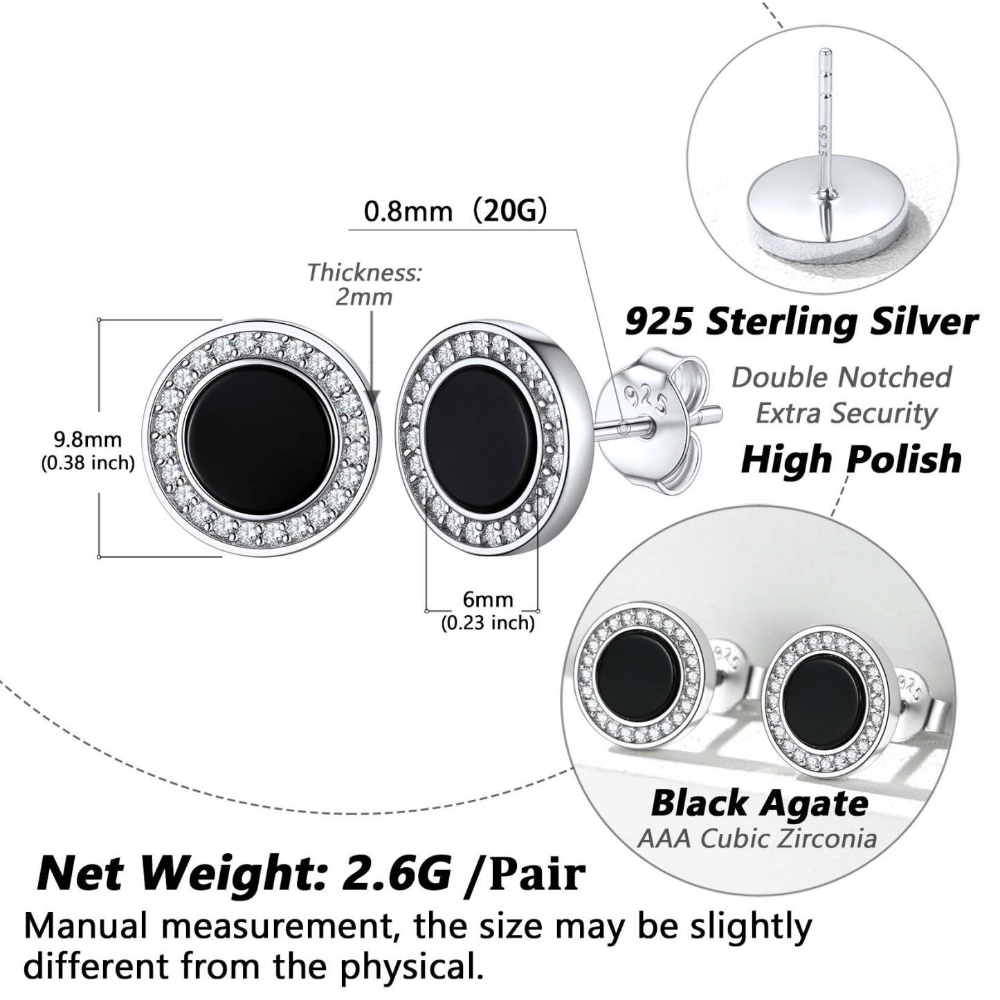  Sterling Silver Viking Rune Natural Black Onyx Stud Earrings for Women Men detail