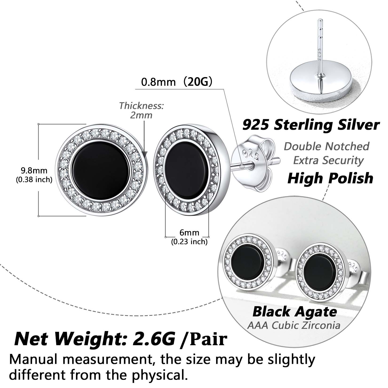  Sterling Silver Viking Rune Natural Black Onyx Stud Earrings for Women Men detail