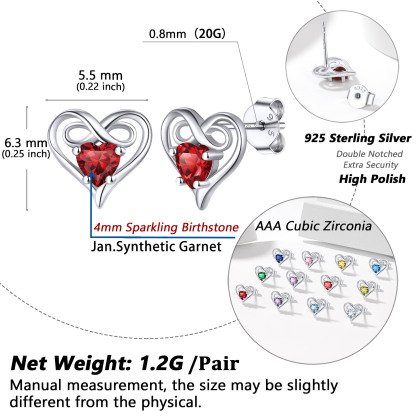 Infinity Birthstone Heart Stud Earrings for Women detail