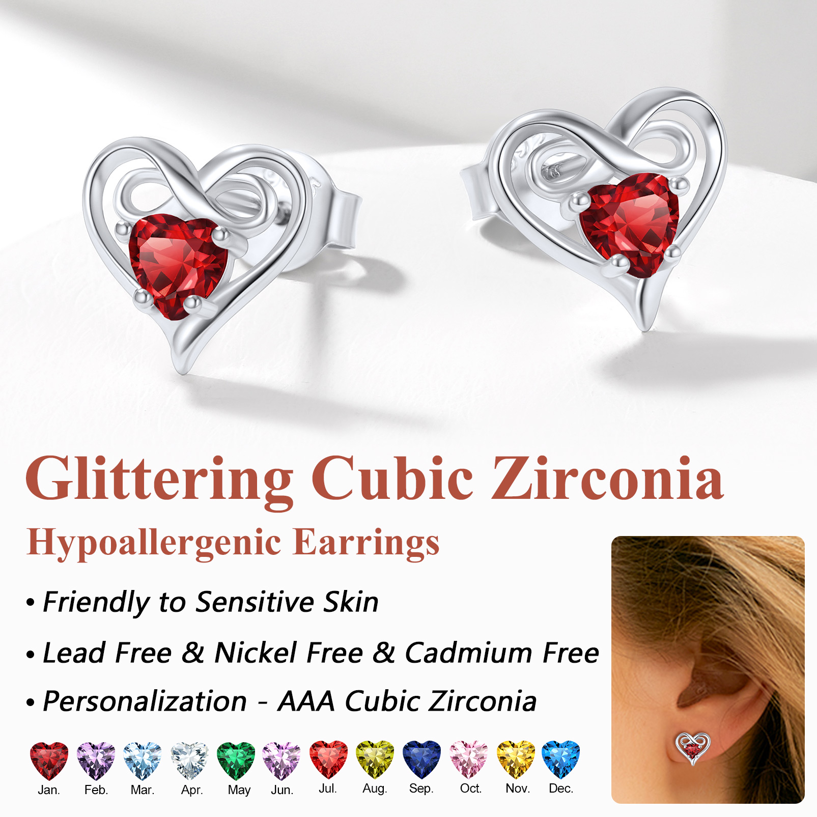 Infinity Birthstone Heart Stud Earrings for Women hypoallergenic