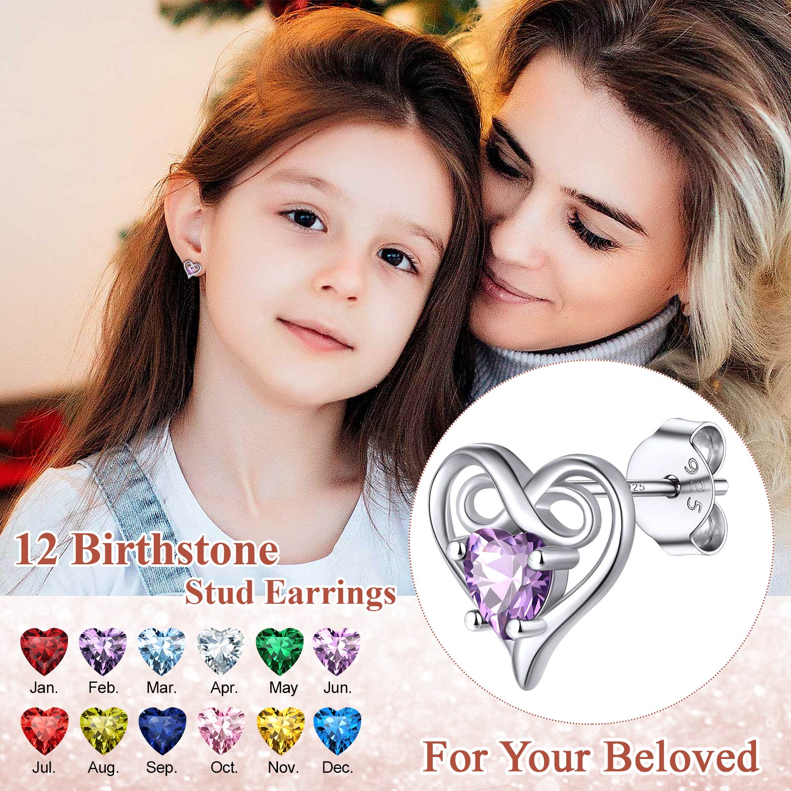 Infinity Birthstone Heart Stud Earrings for daughter