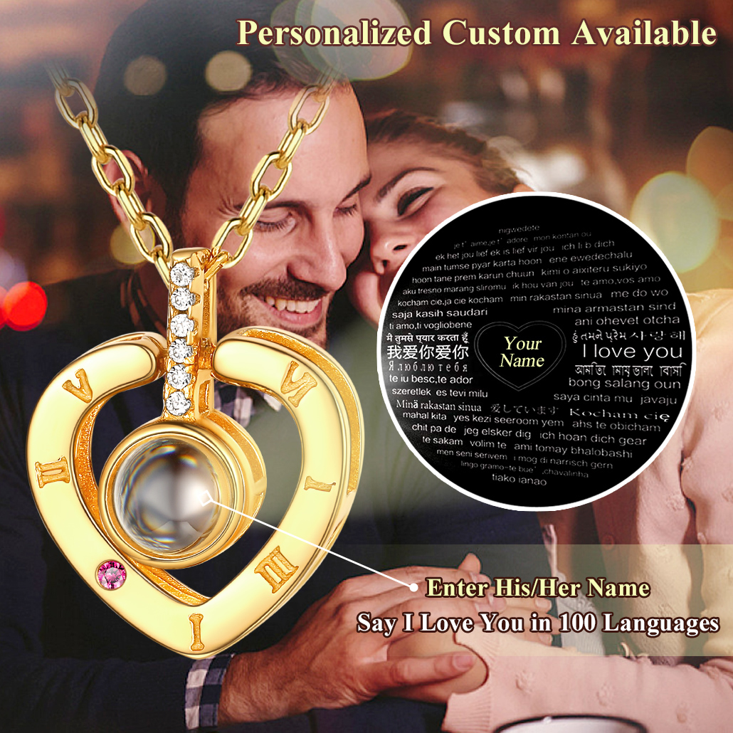 Personalized Name I Love You 100 Languages Projection Heart Necklace