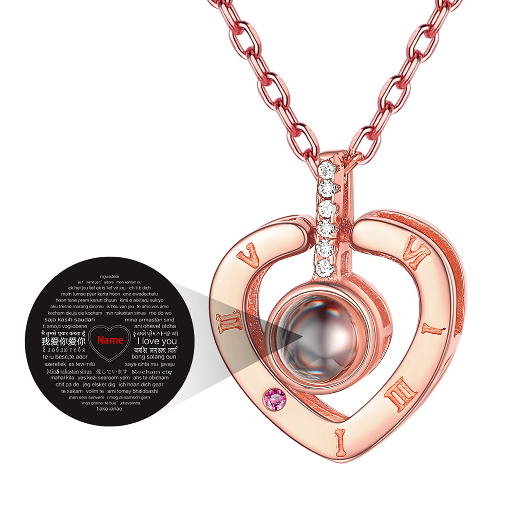 Personalized Name I Love You in 100 Languages Projection Heart Necklace rose gold