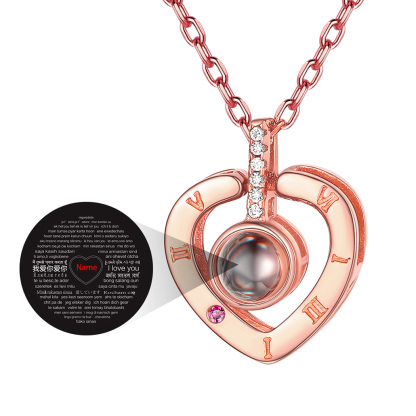 Personalized Name I Love You in 100 Languages Projection Heart Necklace rose gold