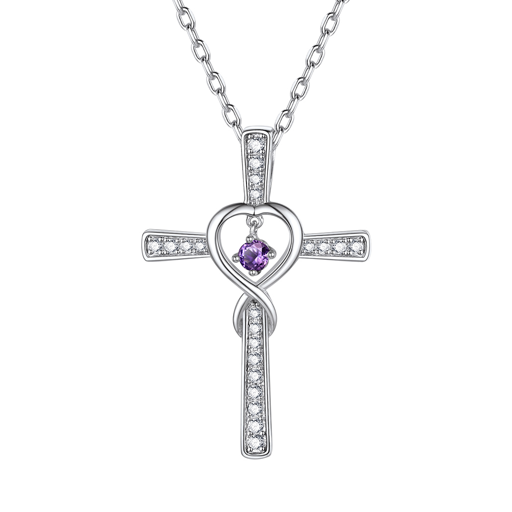 Birthstone Infinity Cross Pendant Necklace for Women Feb