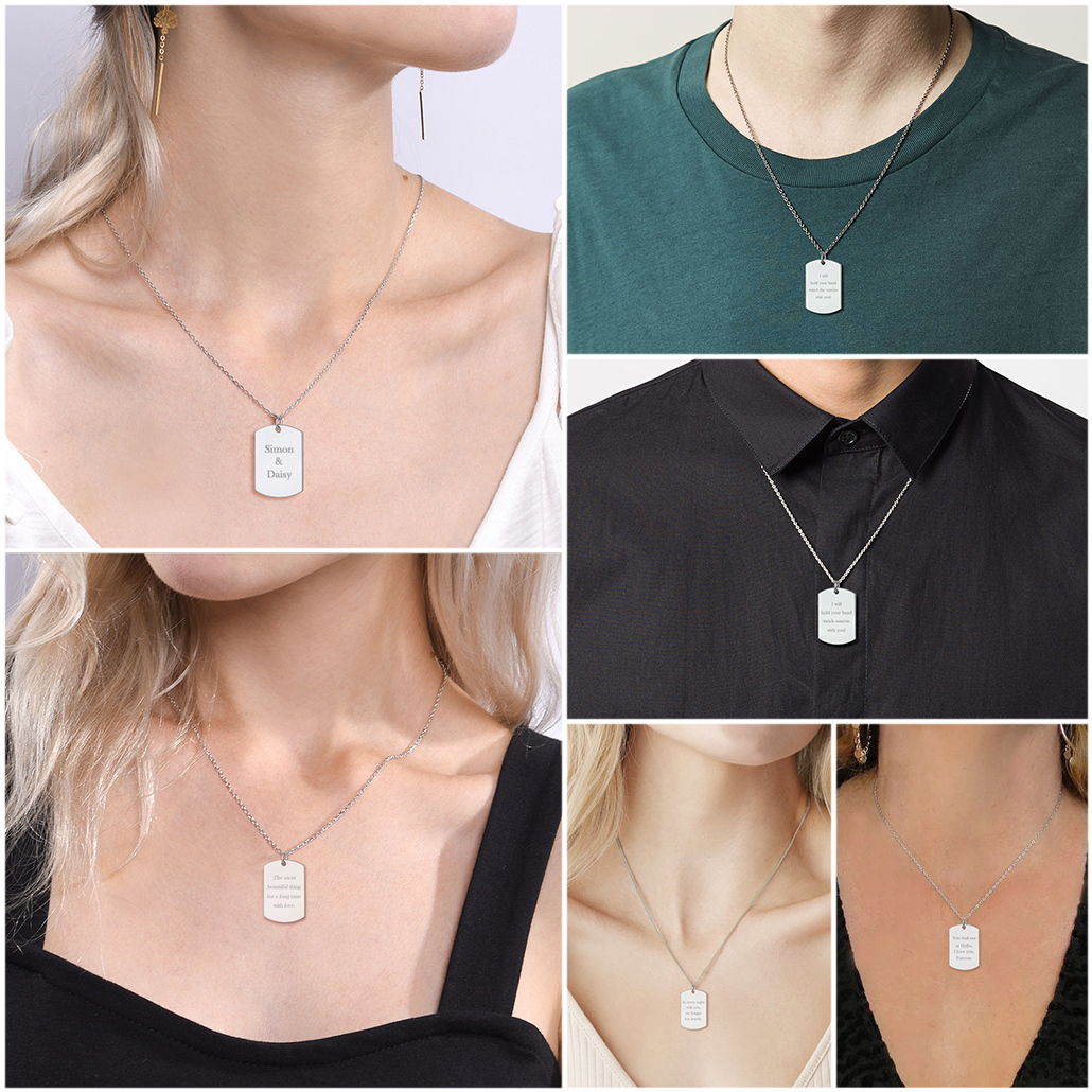 Custom Name Engraved Dog Tag Pendant Necklace for Men Women model show