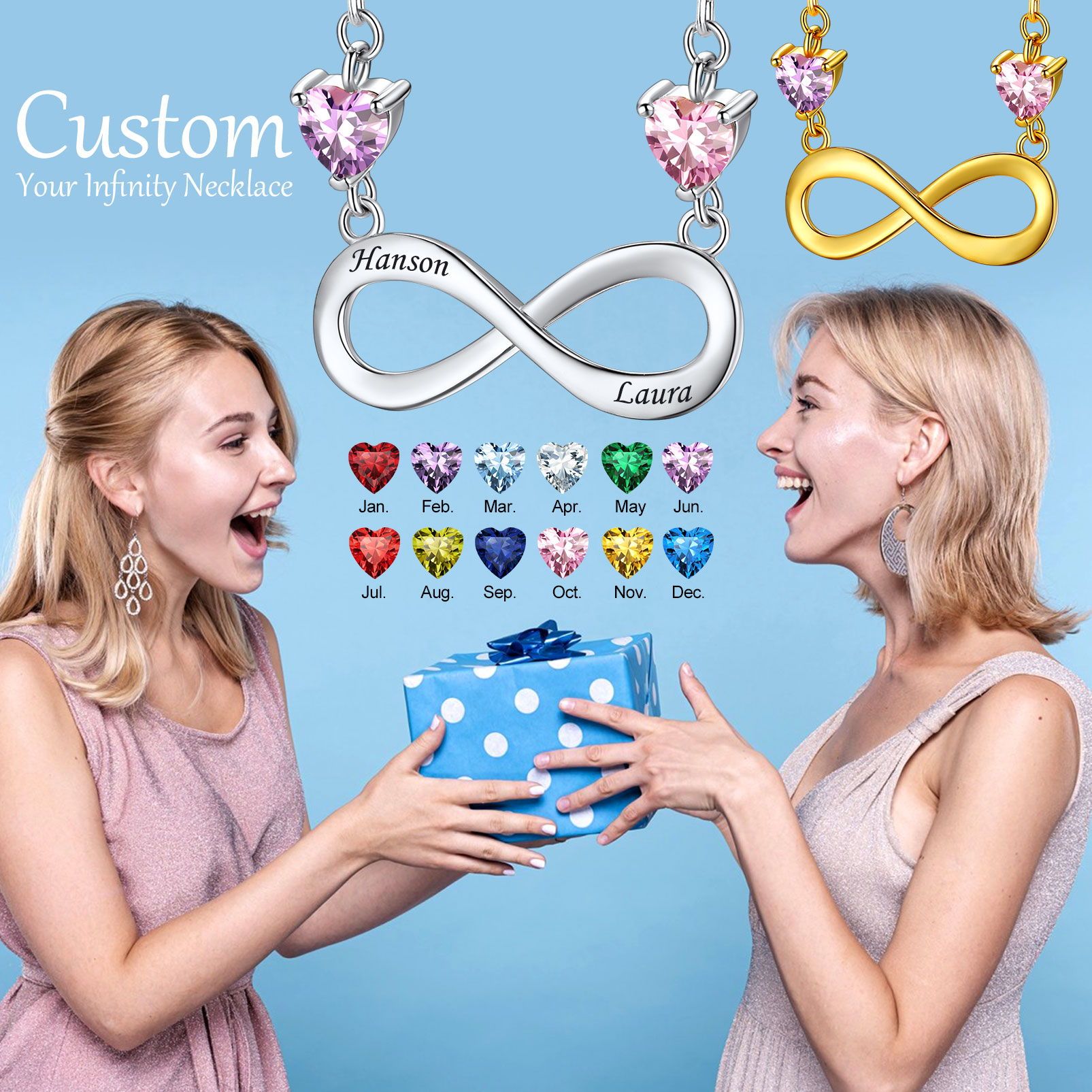  Custom Birthstone Infinity Heart Pendant Necklace for friends