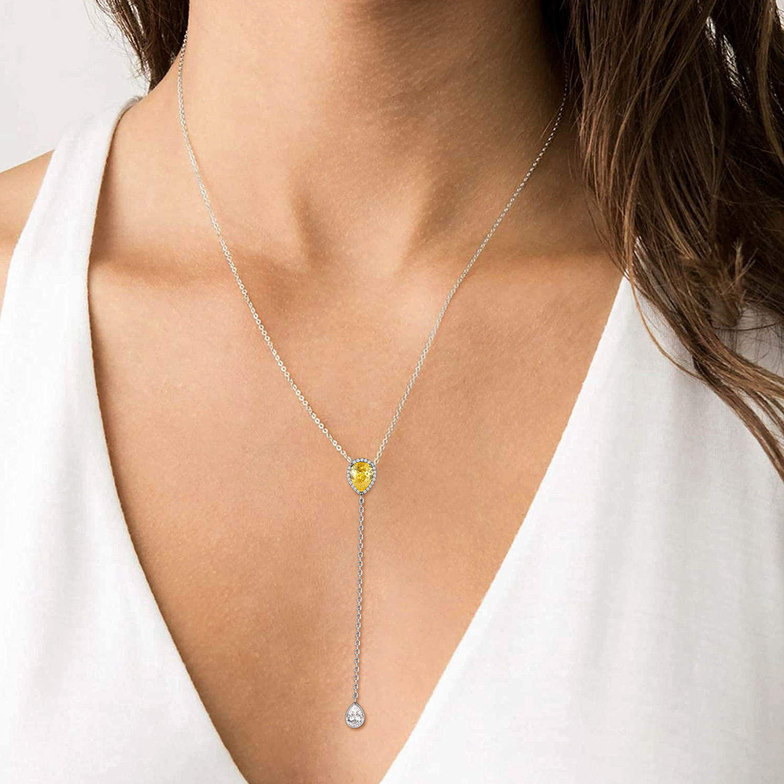 Birthstone 925 Sterling Silver CZ Teardrop Lariat Necklace for Women  model