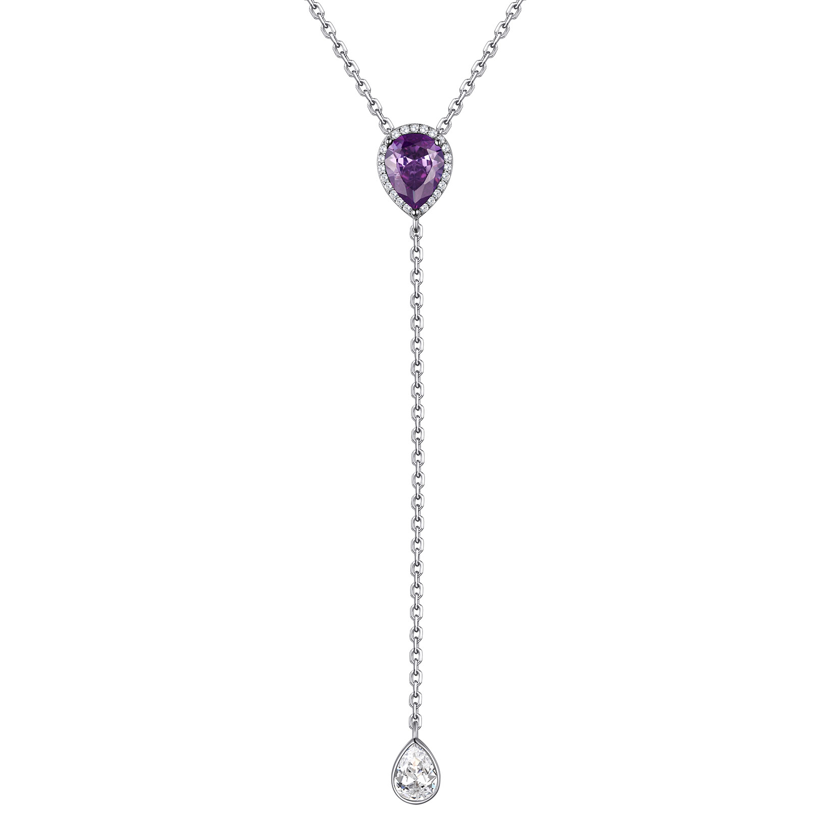 Birthstone Sterling Silver CZ Teardrop Lariat Necklace for Women Feb