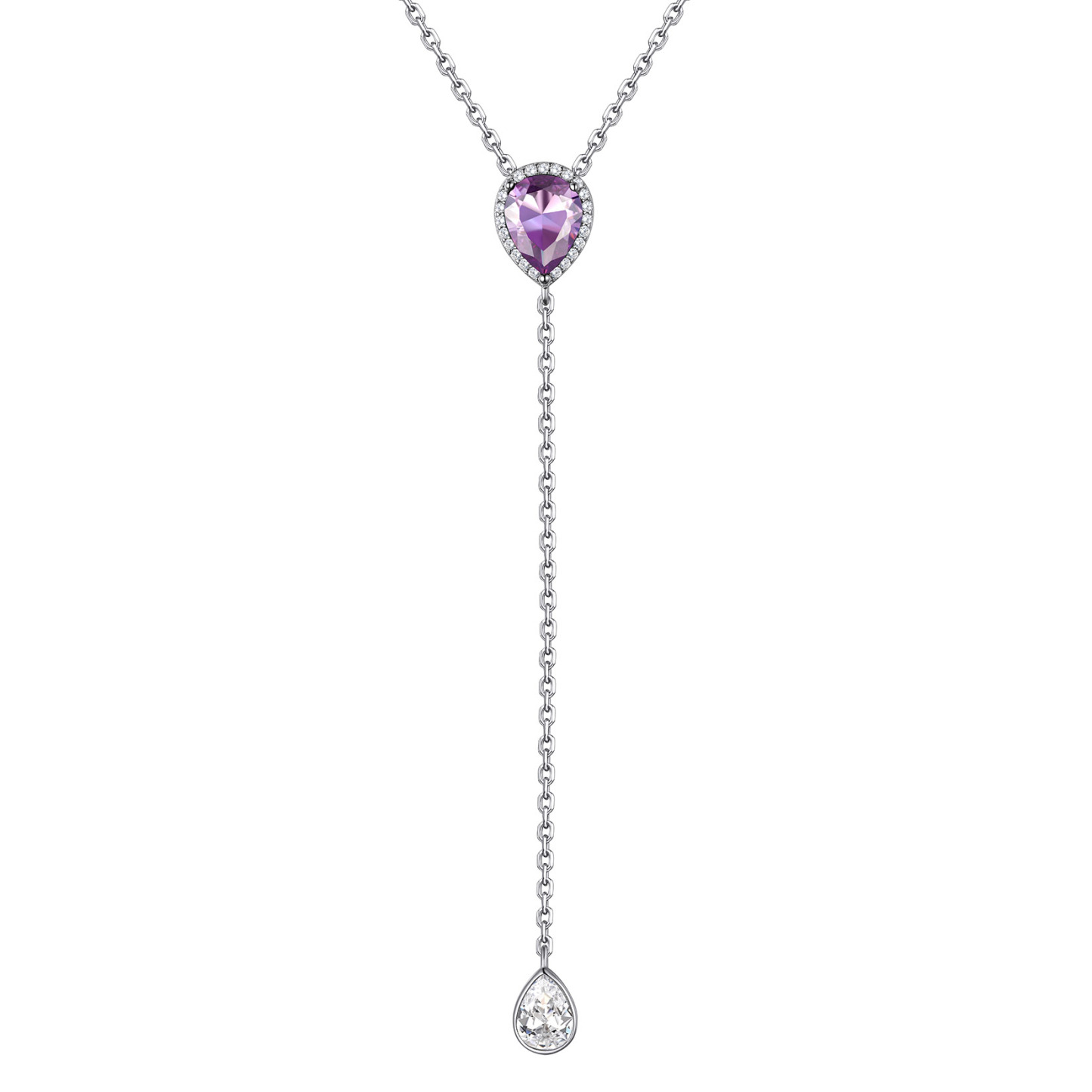 Birthstone Sterling Silver CZ Teardrop Lariat Necklace for Women Jun