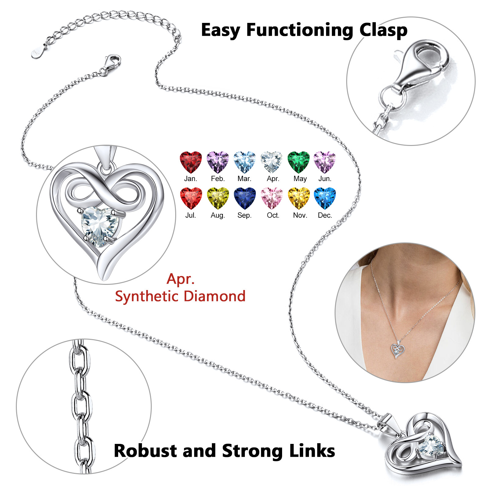 Infinity Birthstone Heart Pendant Necklace for Women detail