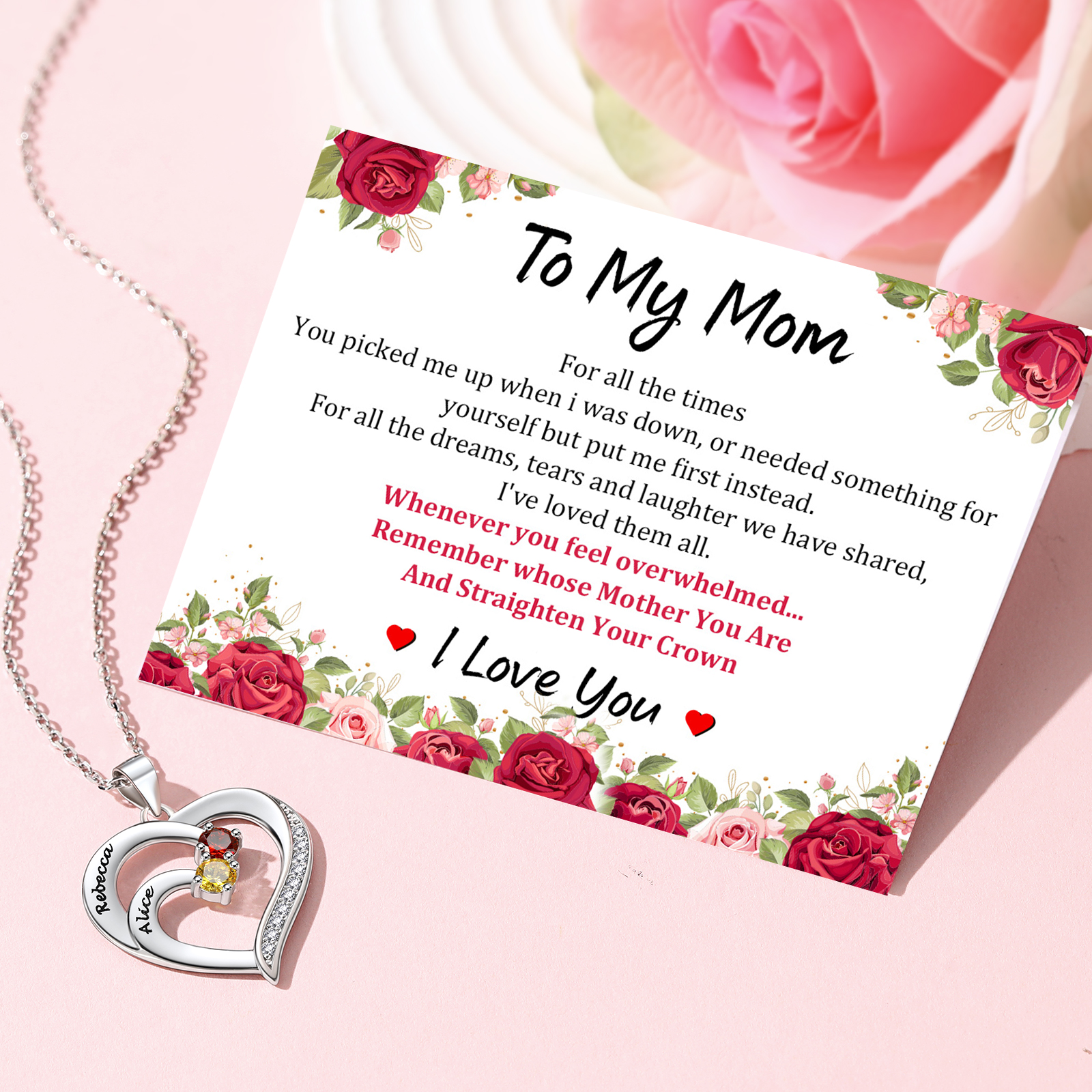 Family Birthstone Heart Names Necklace