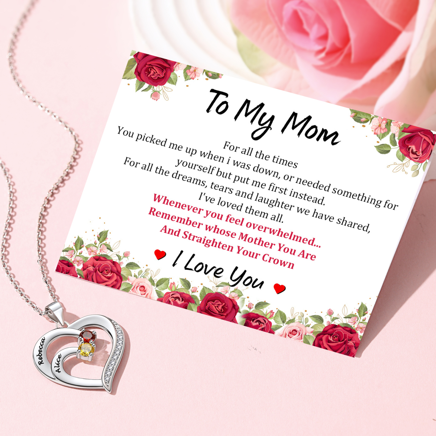 Family Birthstone Heart Names Necklace