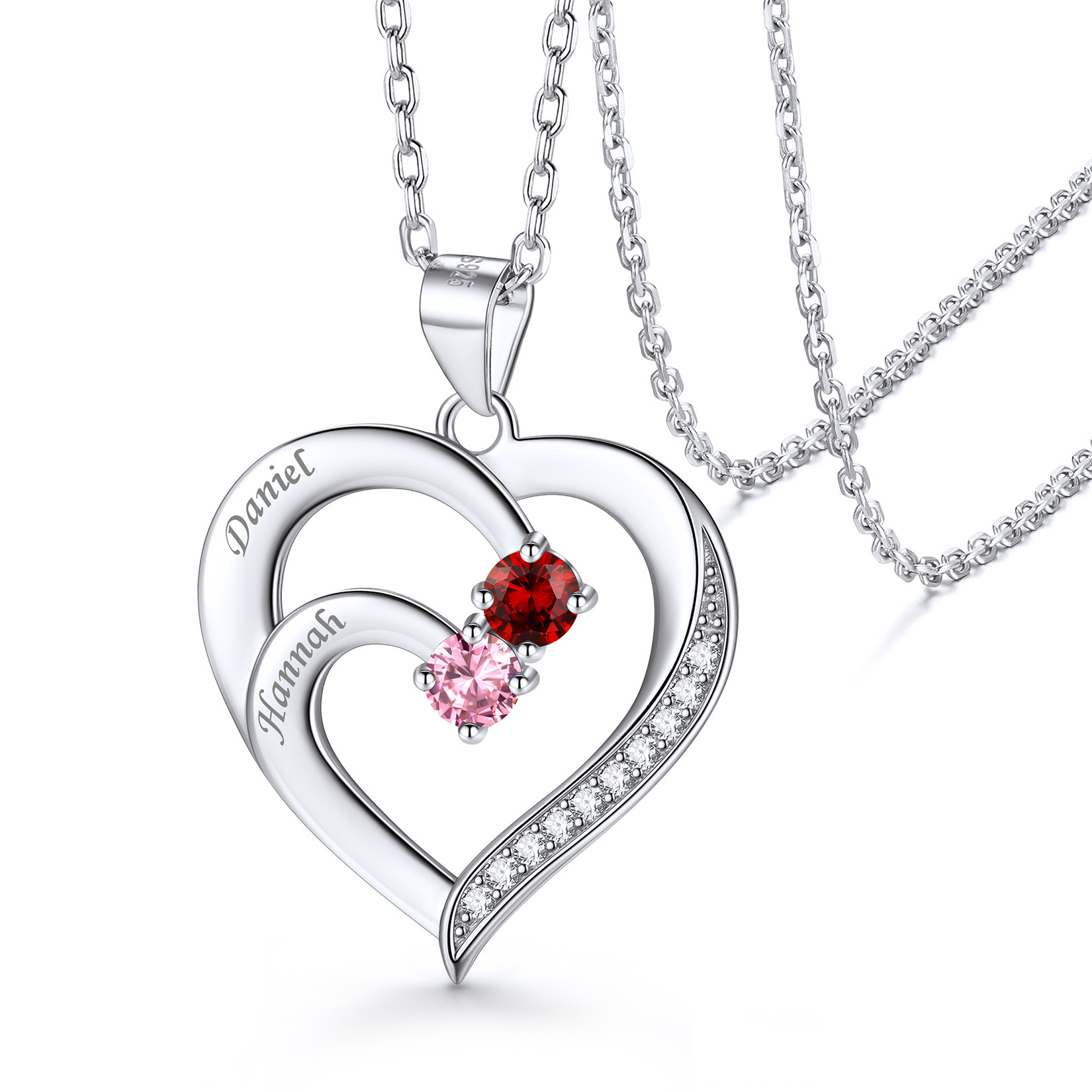 Family Birthstone Heart Necklace With Names Two Birthstones