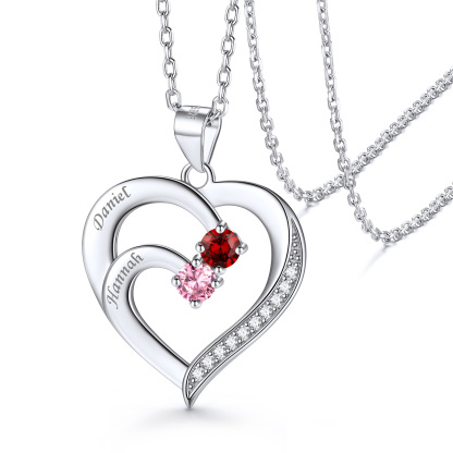 Family Birthstone Heart Necklace With Names Two Birthstones