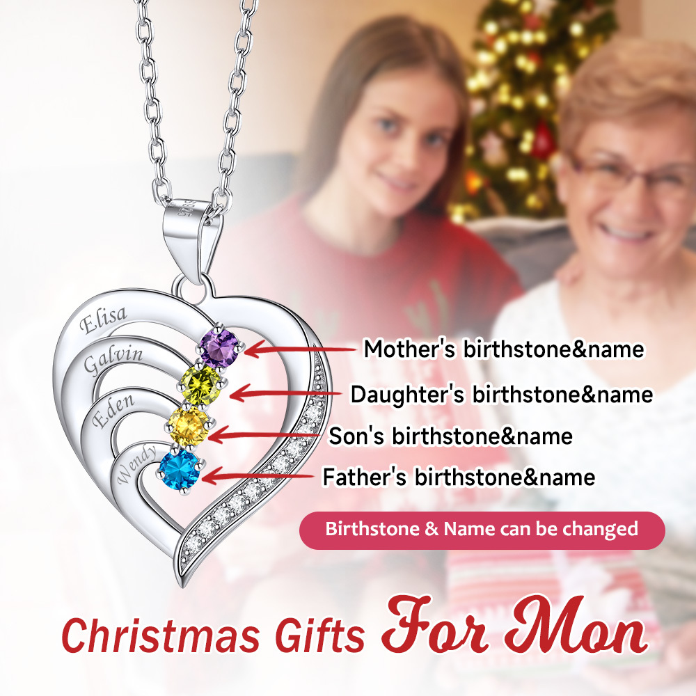Family Birthstone Heart Names Necklace for Women
