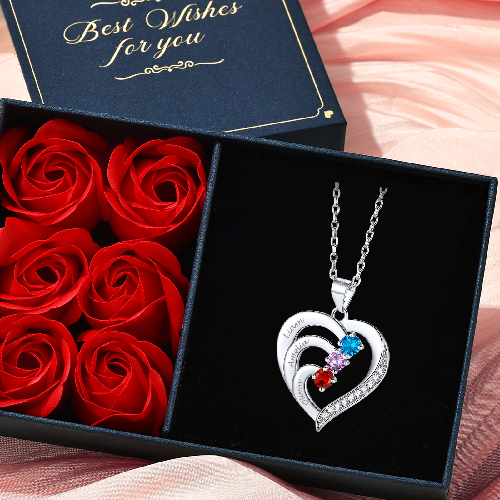 Birthstone Heart Necklace With Names 