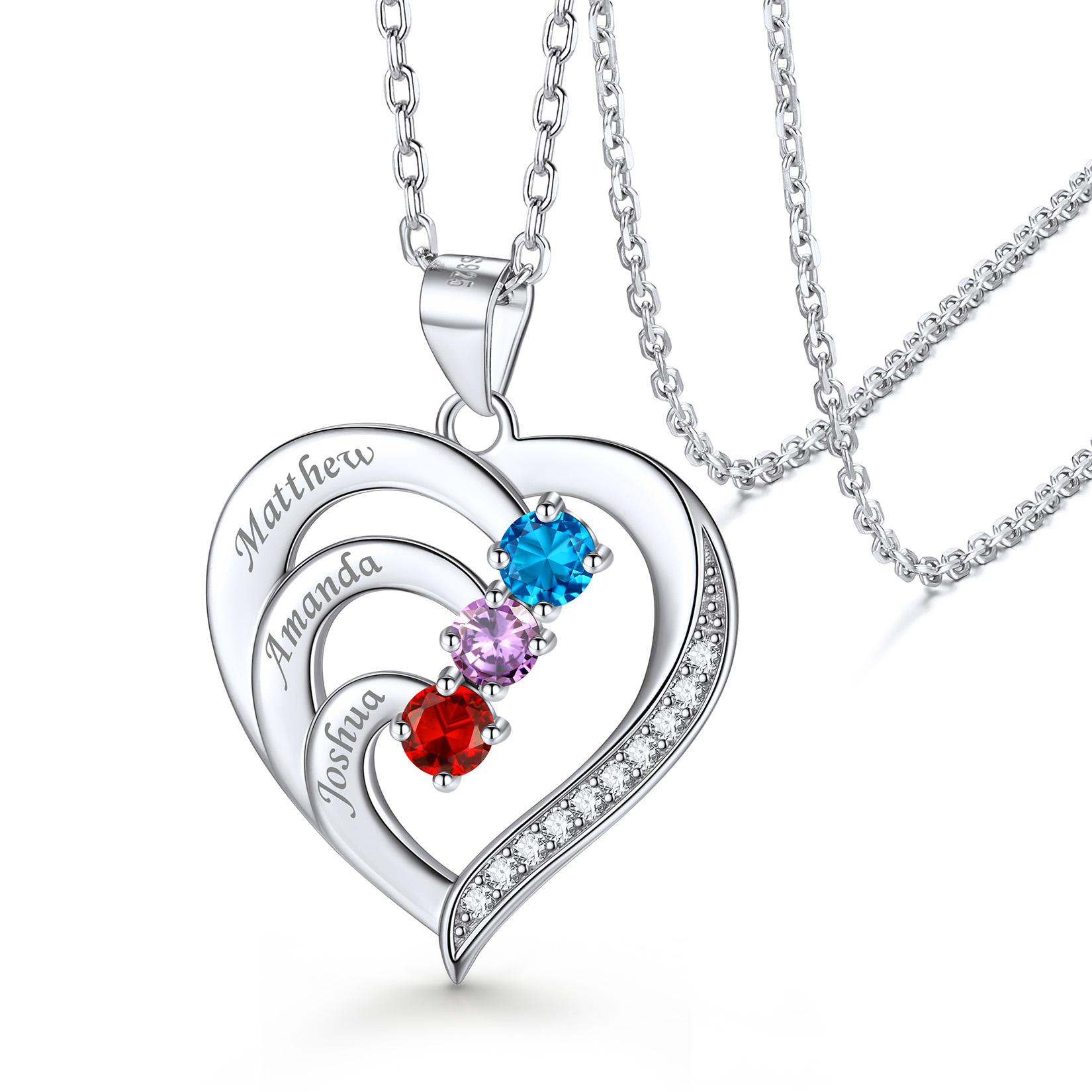 Family Birthstone Heart Necklace With Names for Women 3 birthstones