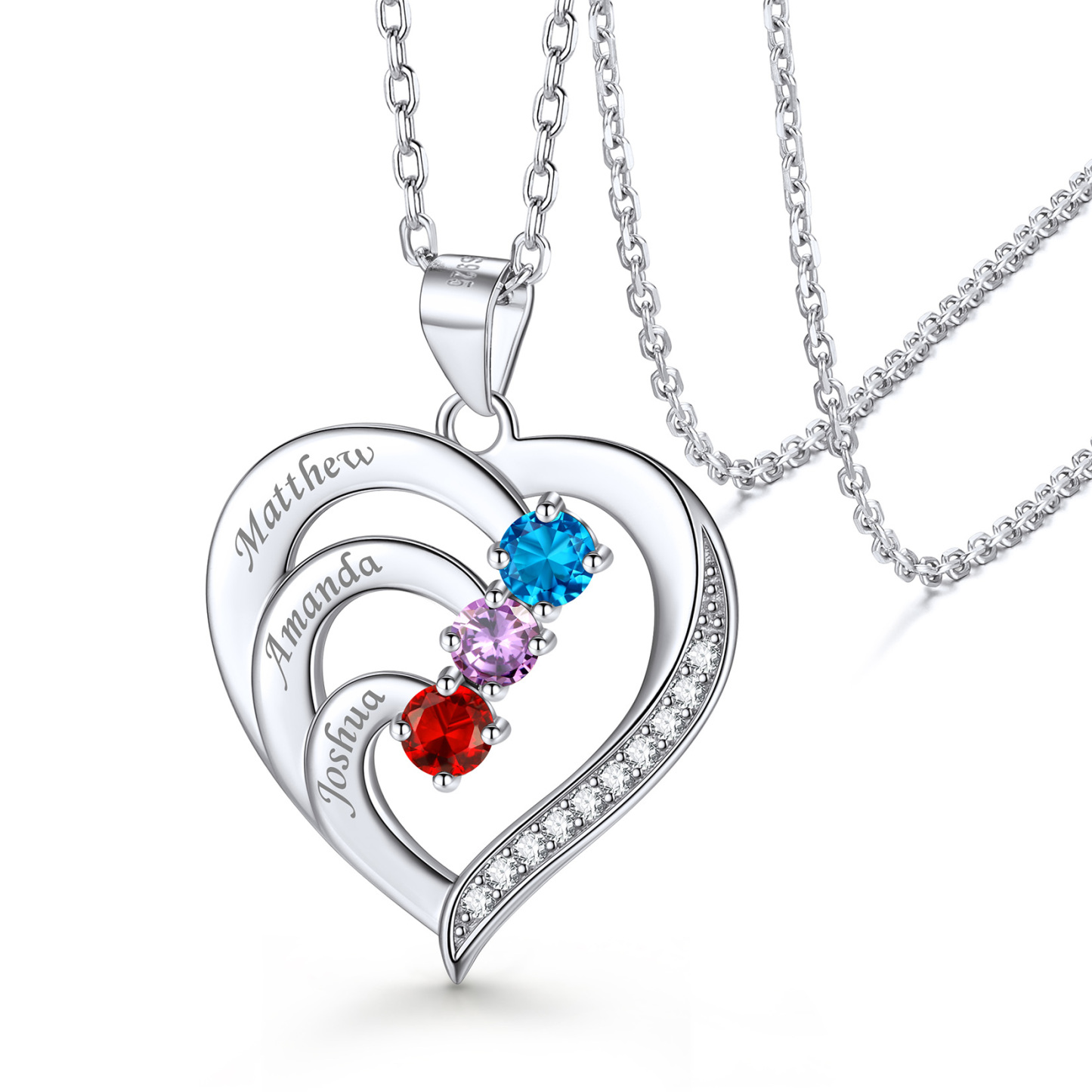 Family Birthstone Heart Necklace With Names for Women 3 birthstones