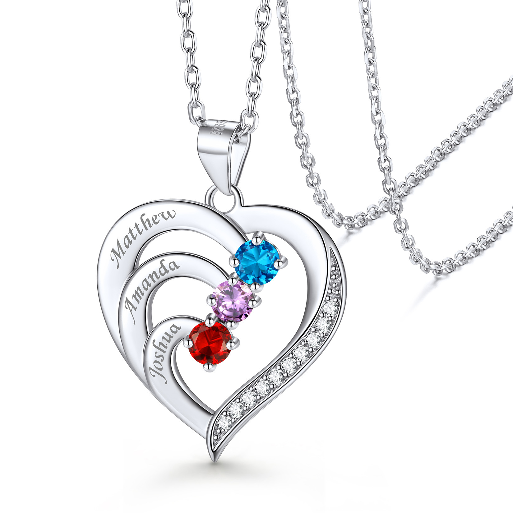 Family Birthstone Heart Necklace With Names for Women 3 birthstones