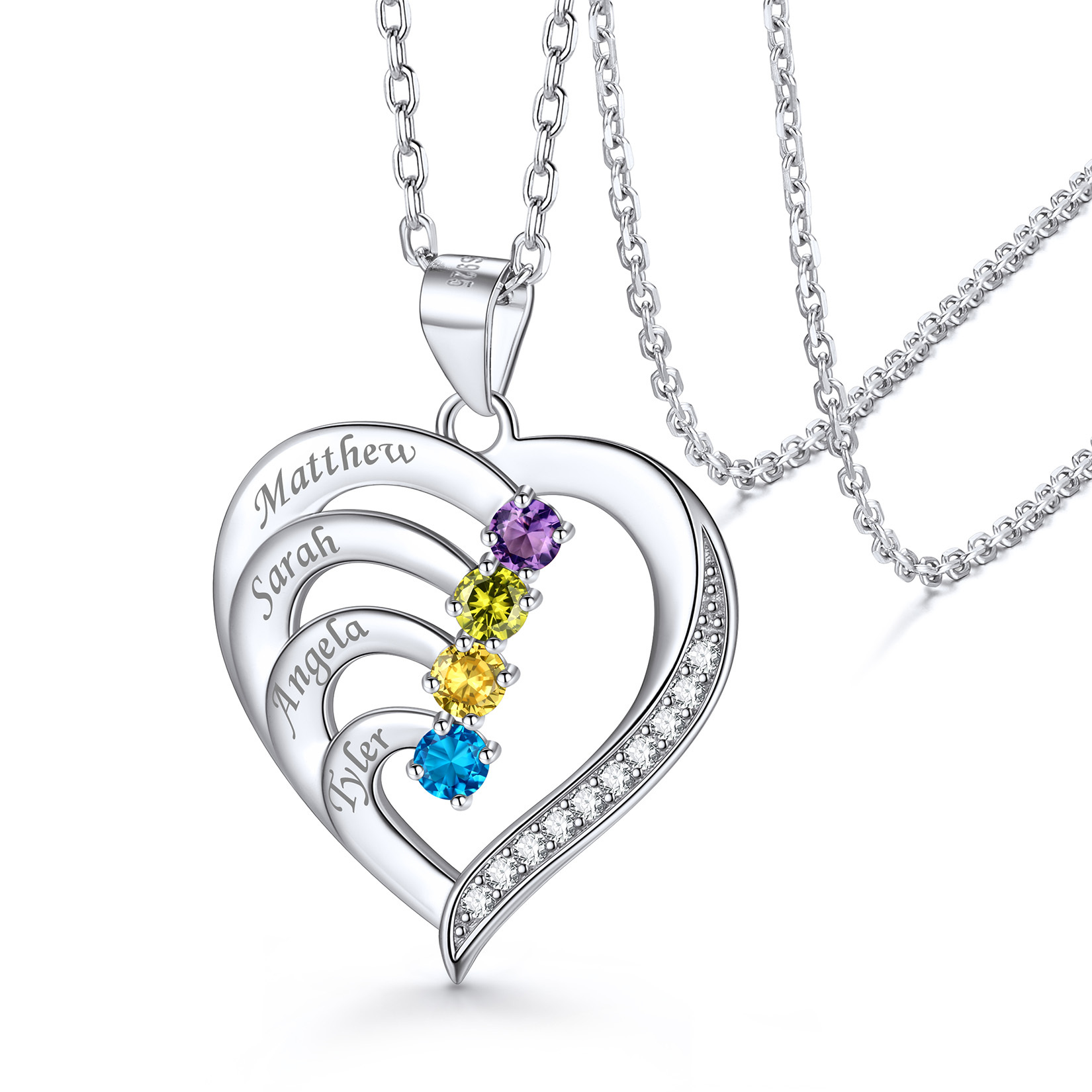Family Birthstone Heart Necklace Four Birthstones With Names 