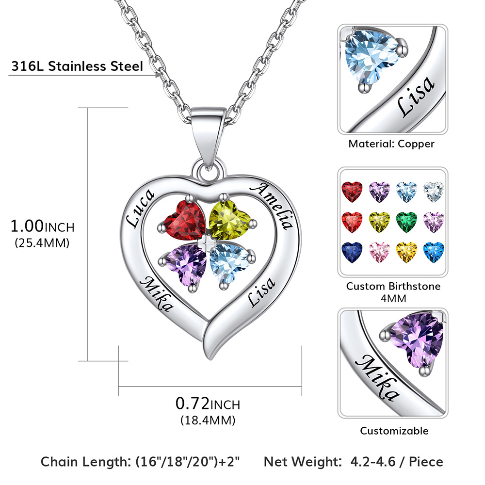 Personalized Four Leaf Clover Heart Birthstone Necklace size