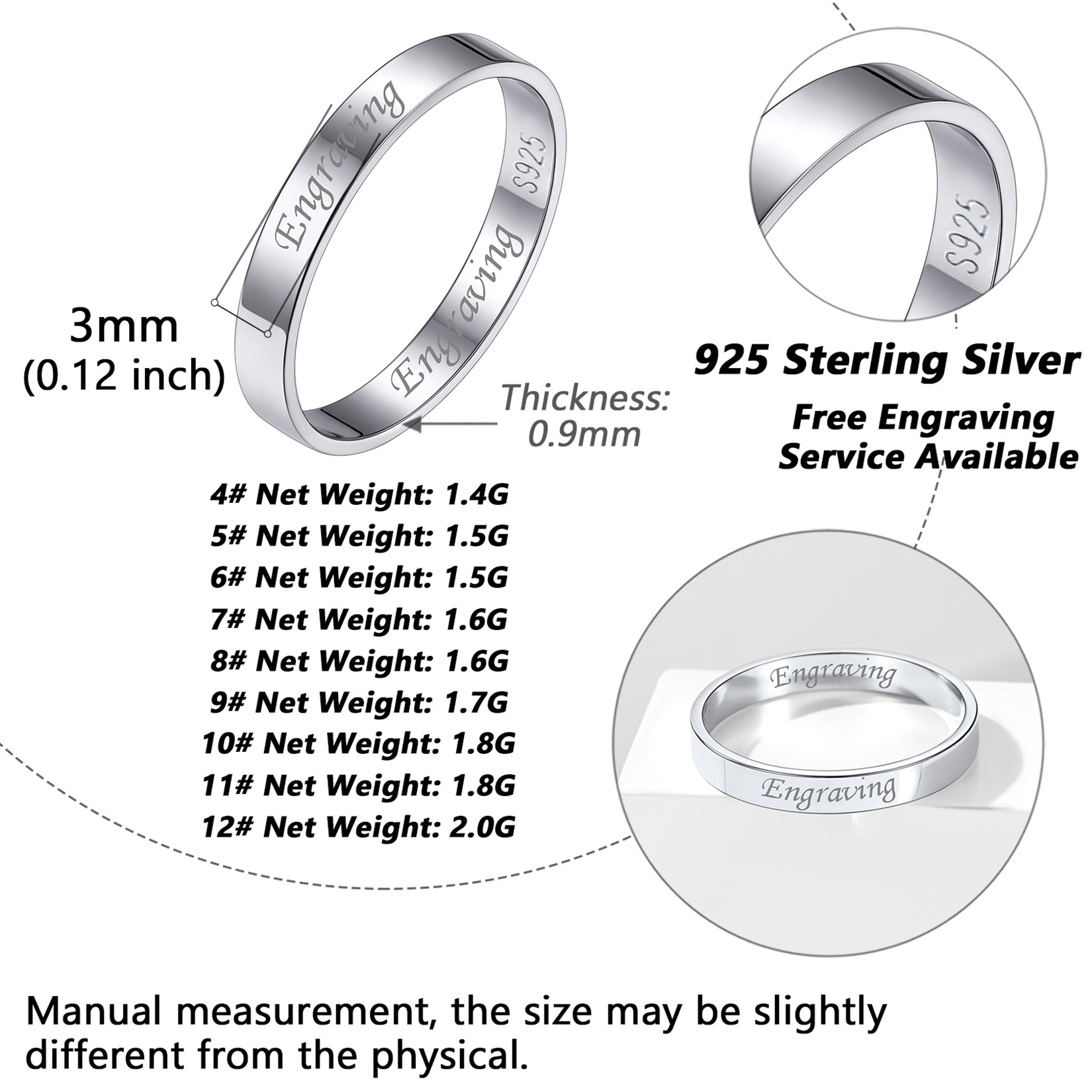 Sterling Silver Engraved Polished Band Wedding Engagement Ring 3MM SIZE