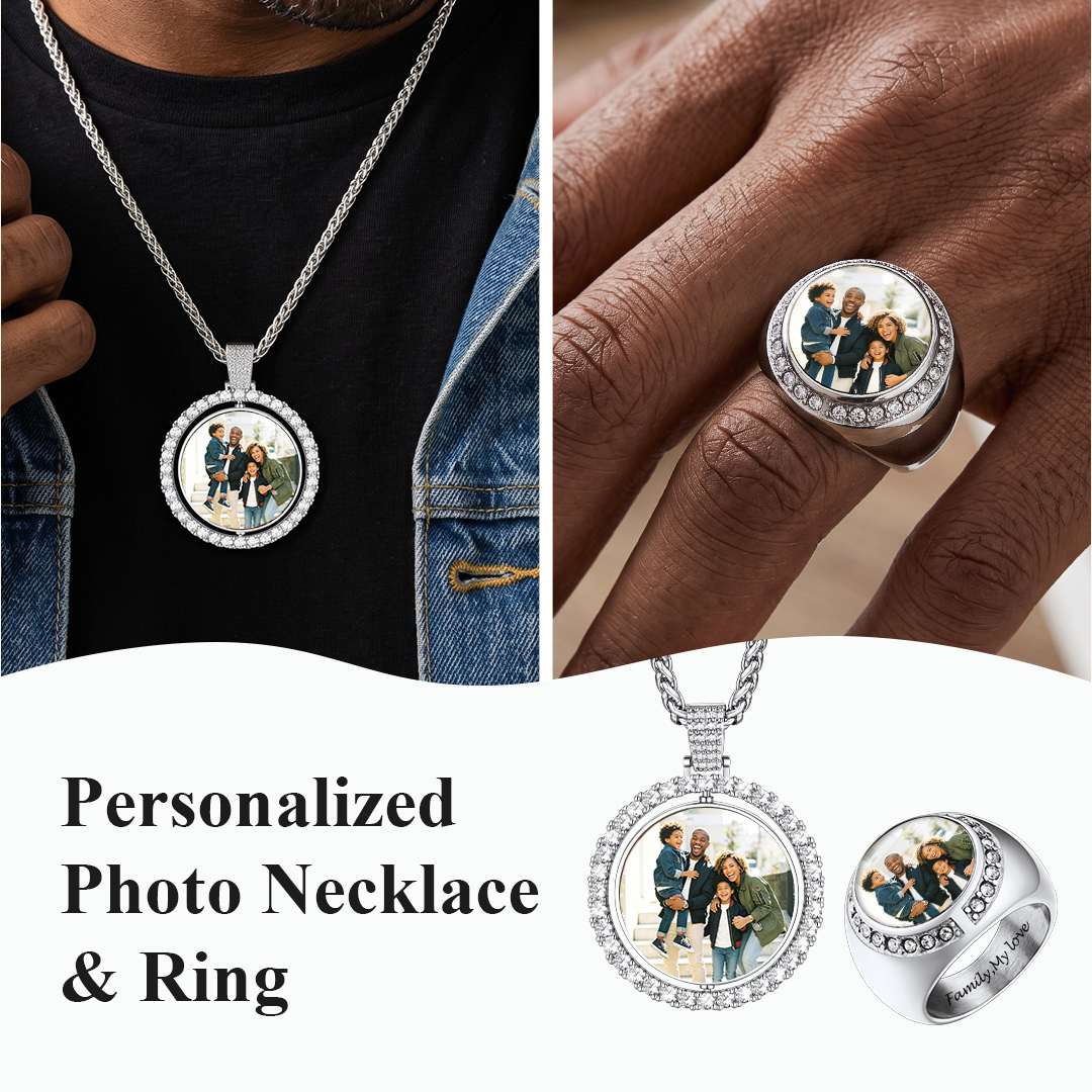 Custom Rotatable Photo Necklace & Signet Ring Set