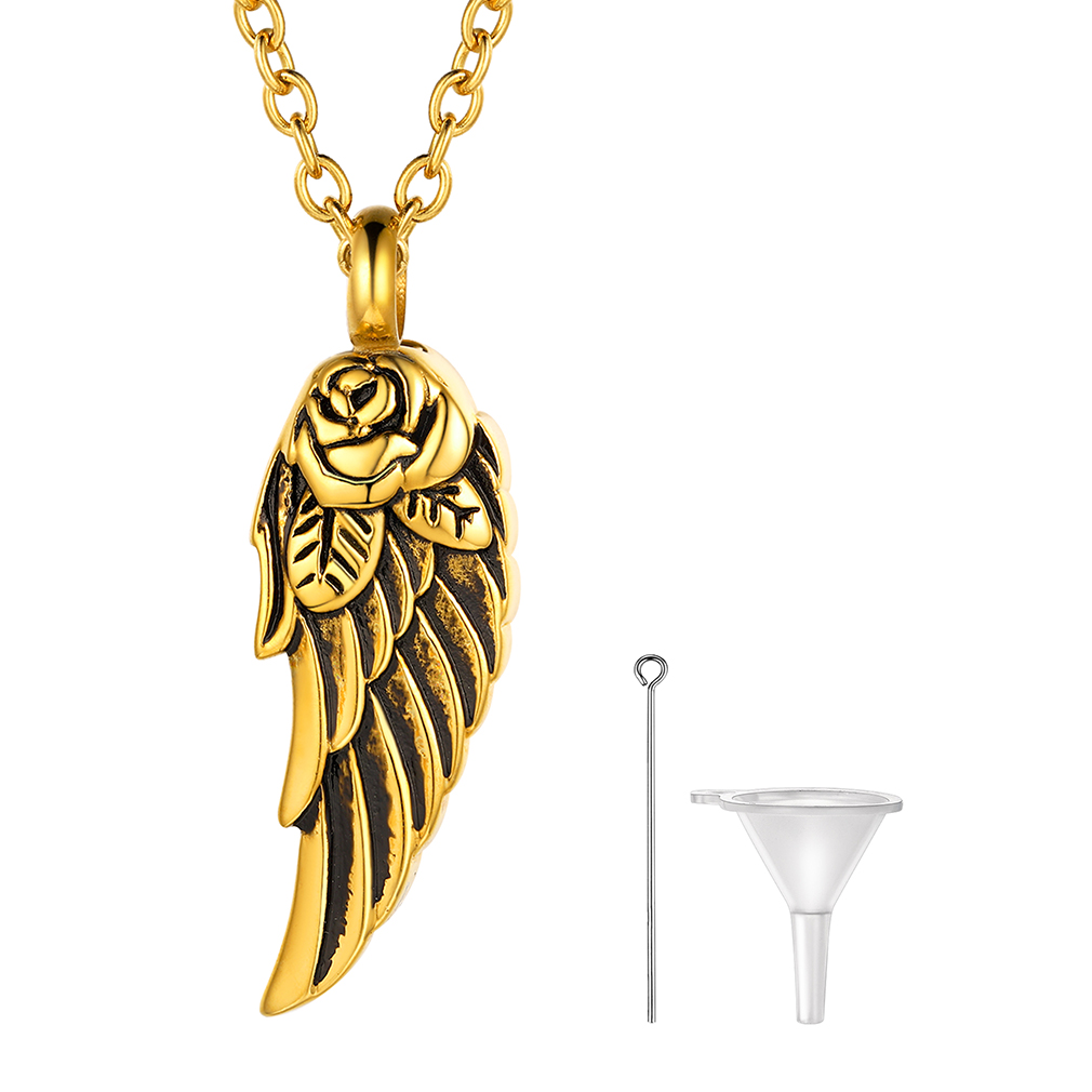 Custom Engraved Angle Wing Cremation Urn Necklace for Ashes gold