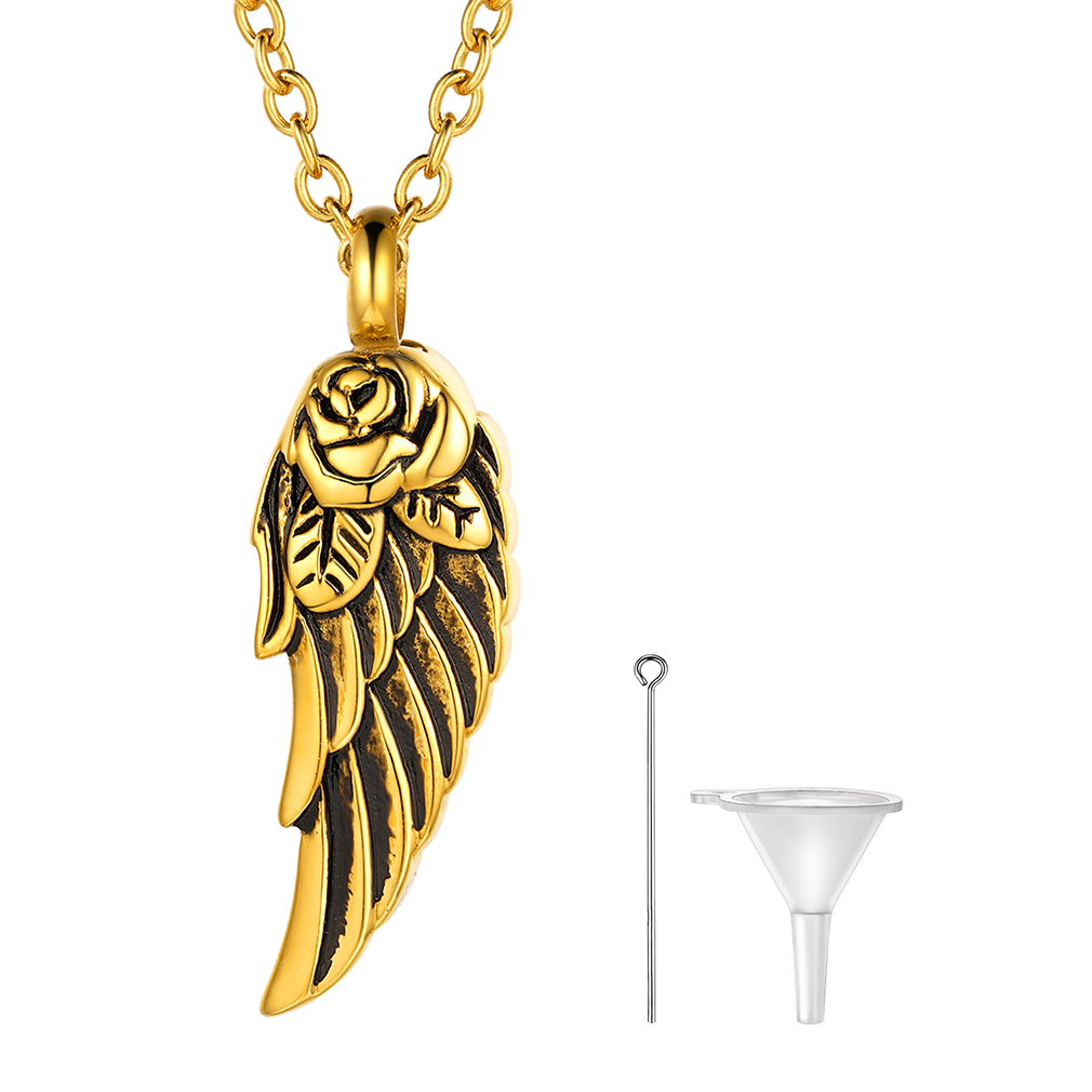 Custom Engraved Angle Wing Cremation Urn Necklace for Ashes gold