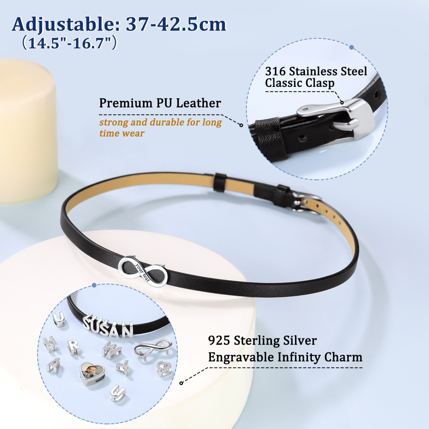 Personalized Engraved Name Leather Choker Necklace for Women adjustable