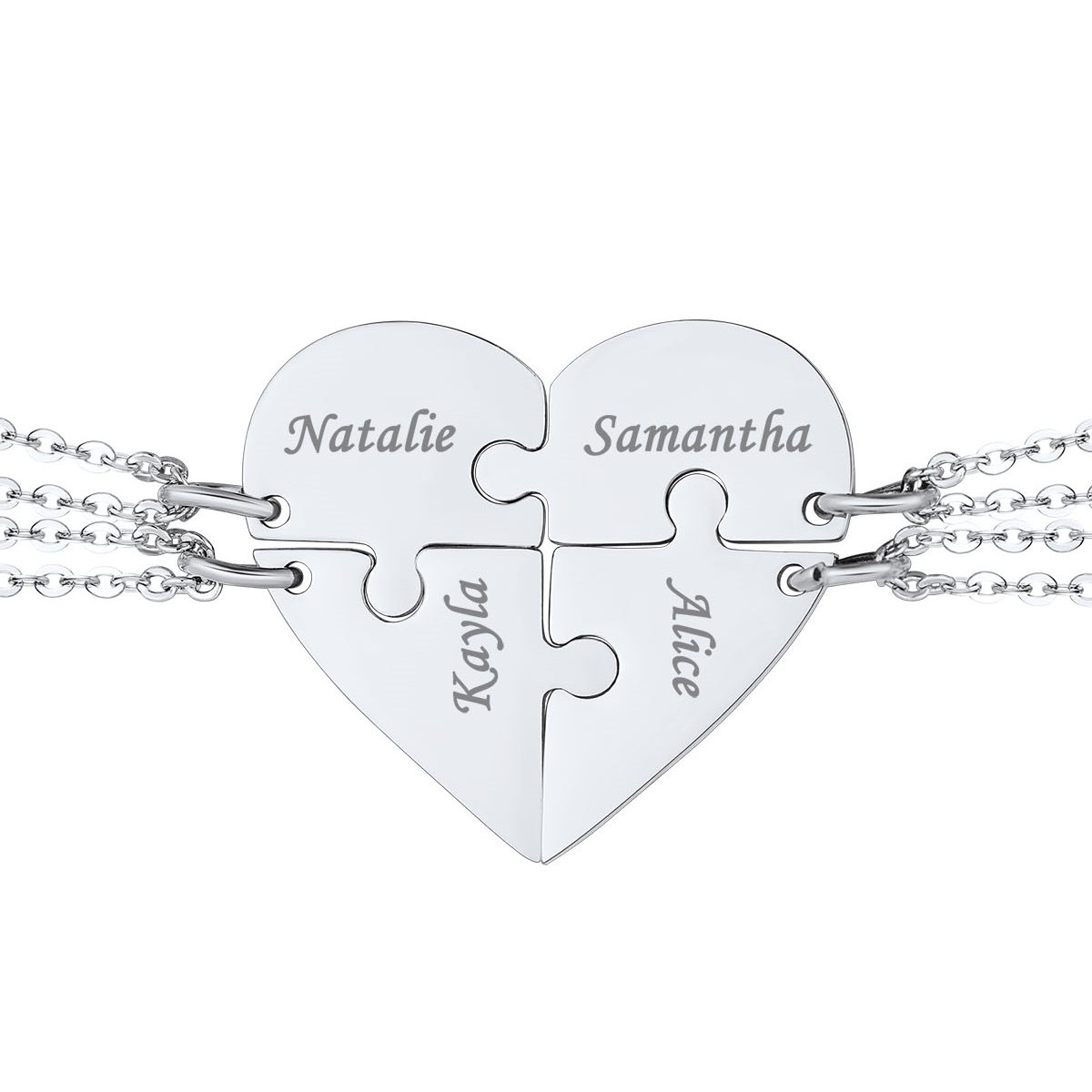 Customized Name Heart Puzzle Piece BFF friendshiop Necklace for 4 silver