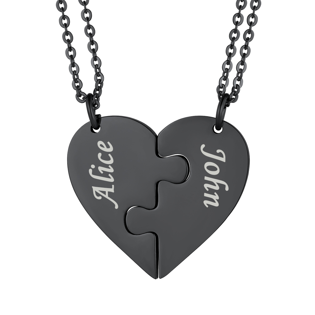 Customized Name Heart Matching Couples bff Necklace for 2 black