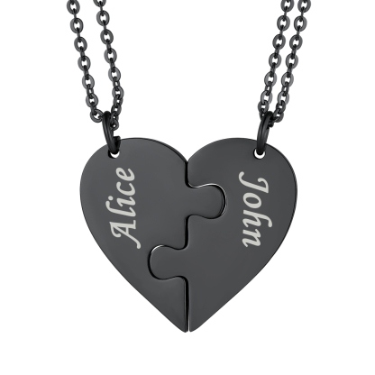 Customized Name Heart Matching Couples bff Necklace for 2 black