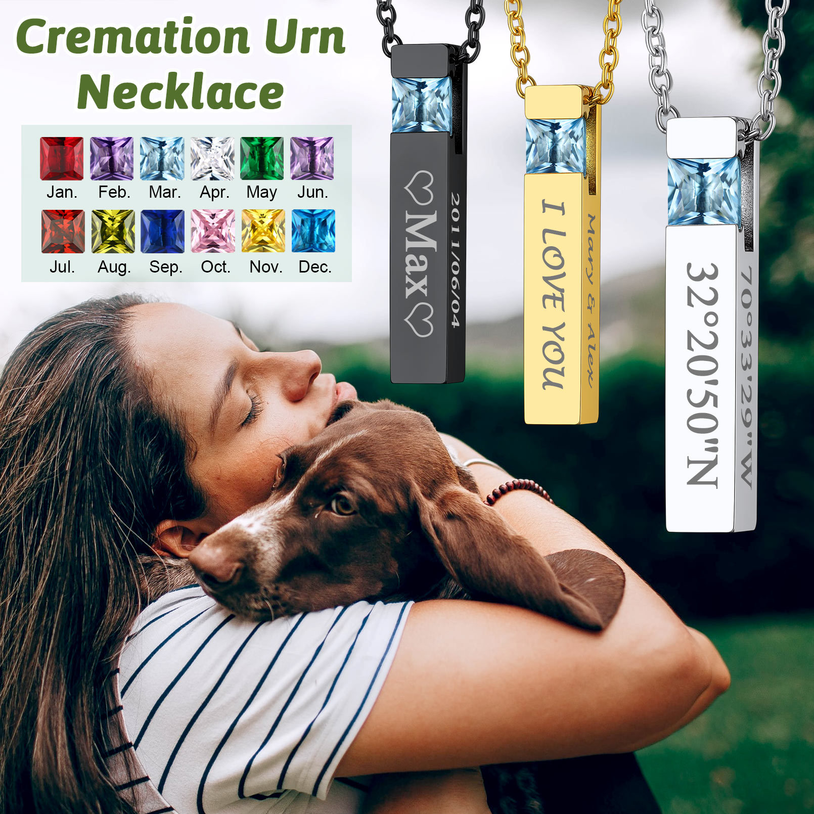 Birthstone Bar Cremation Urn Necklace for pet lover