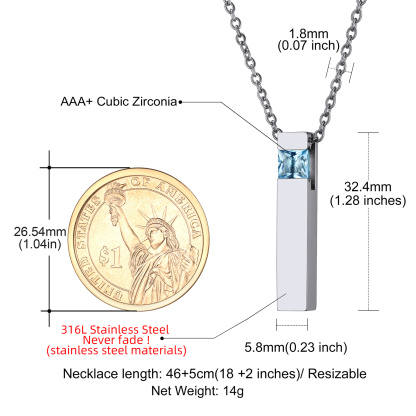 Birthstone Bar Cremation Urn Necklace size