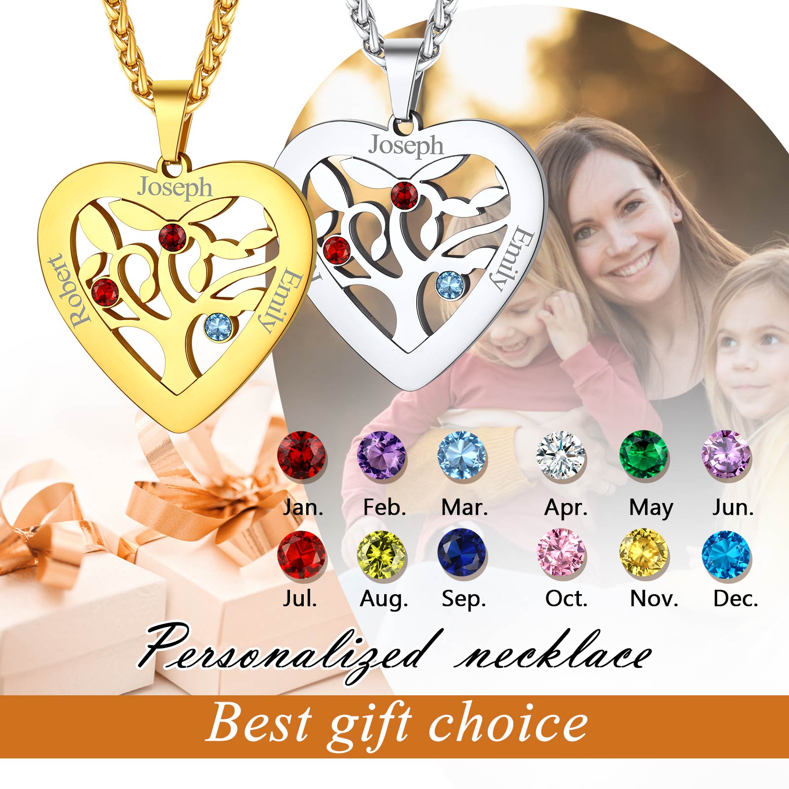 Personalized Birthstone Name Family Tree of Life Necklace for Mom