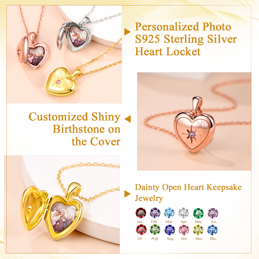 Sterling Silver Birthstone Locket Photo Necklace for Women