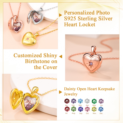 Sterling Silver Birthstone Locket Photo Necklace for Women