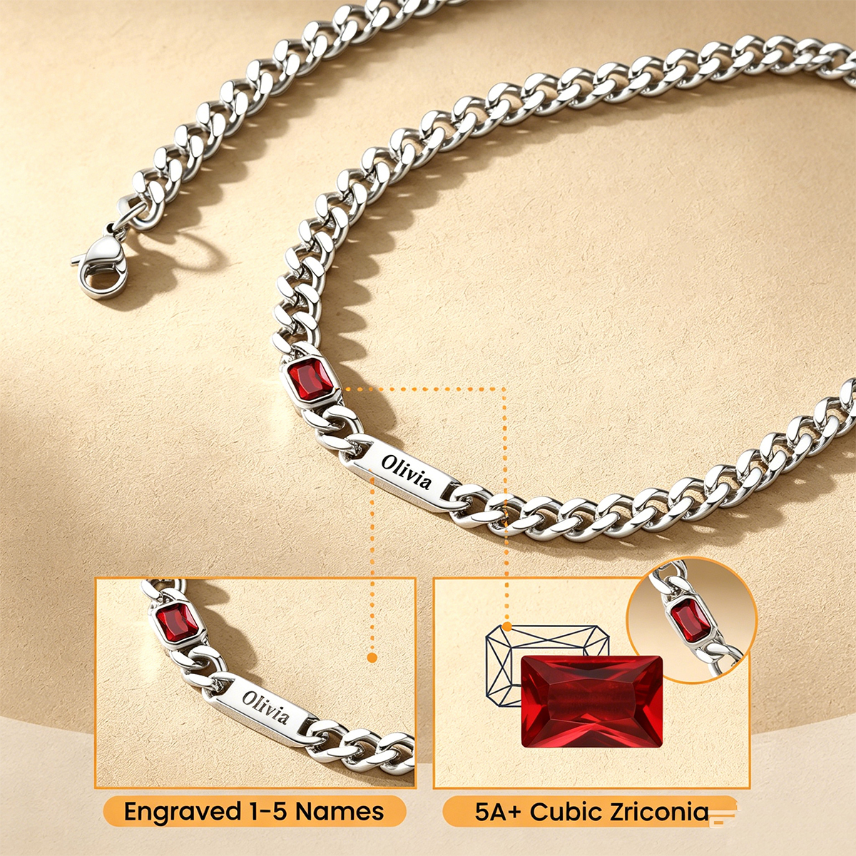 Custom 1-6 Names Birthstones Cuban Link Chain Necklace 5MM