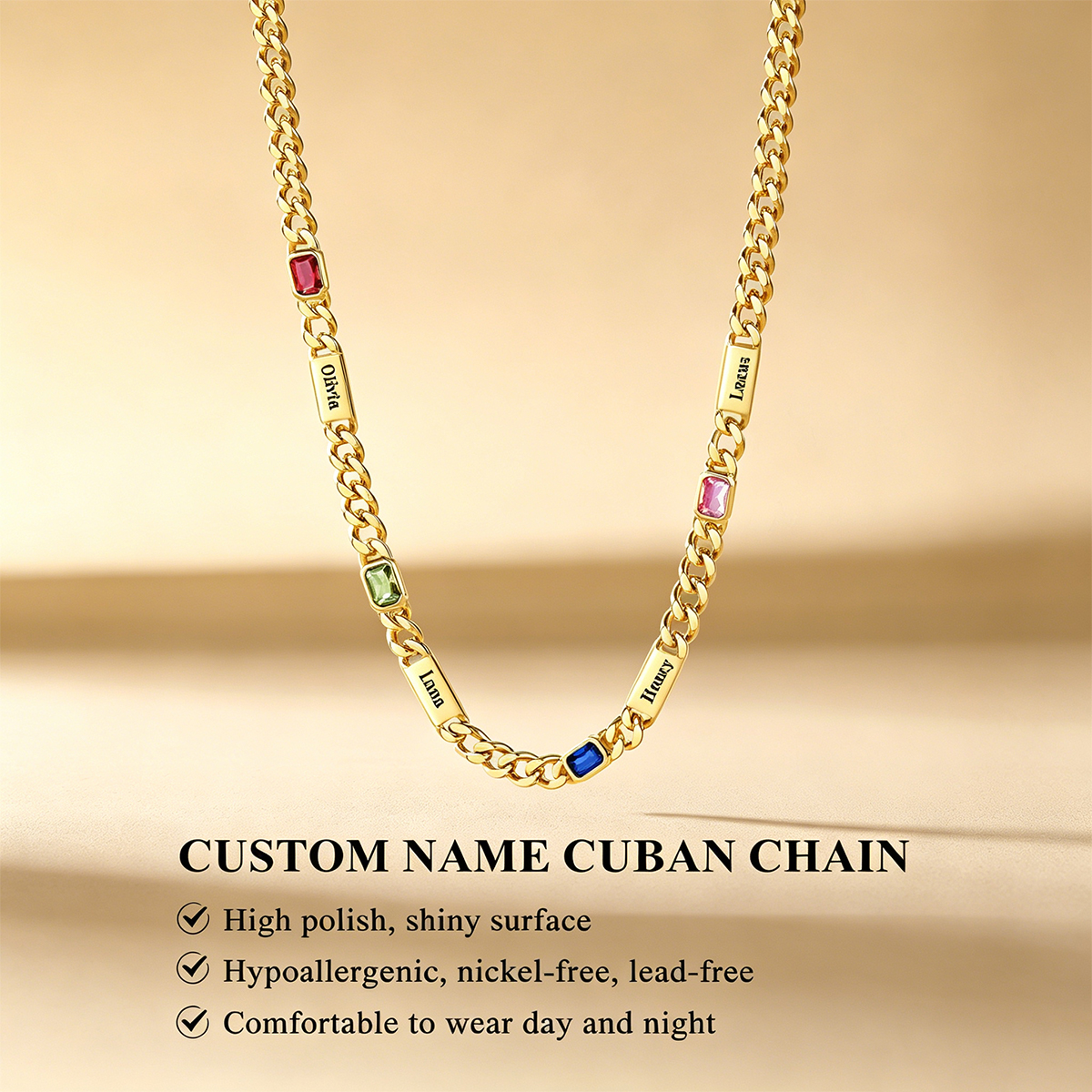 Custom 1-6 Names Birthstones Cuban Link Chain Necklace 5MM
