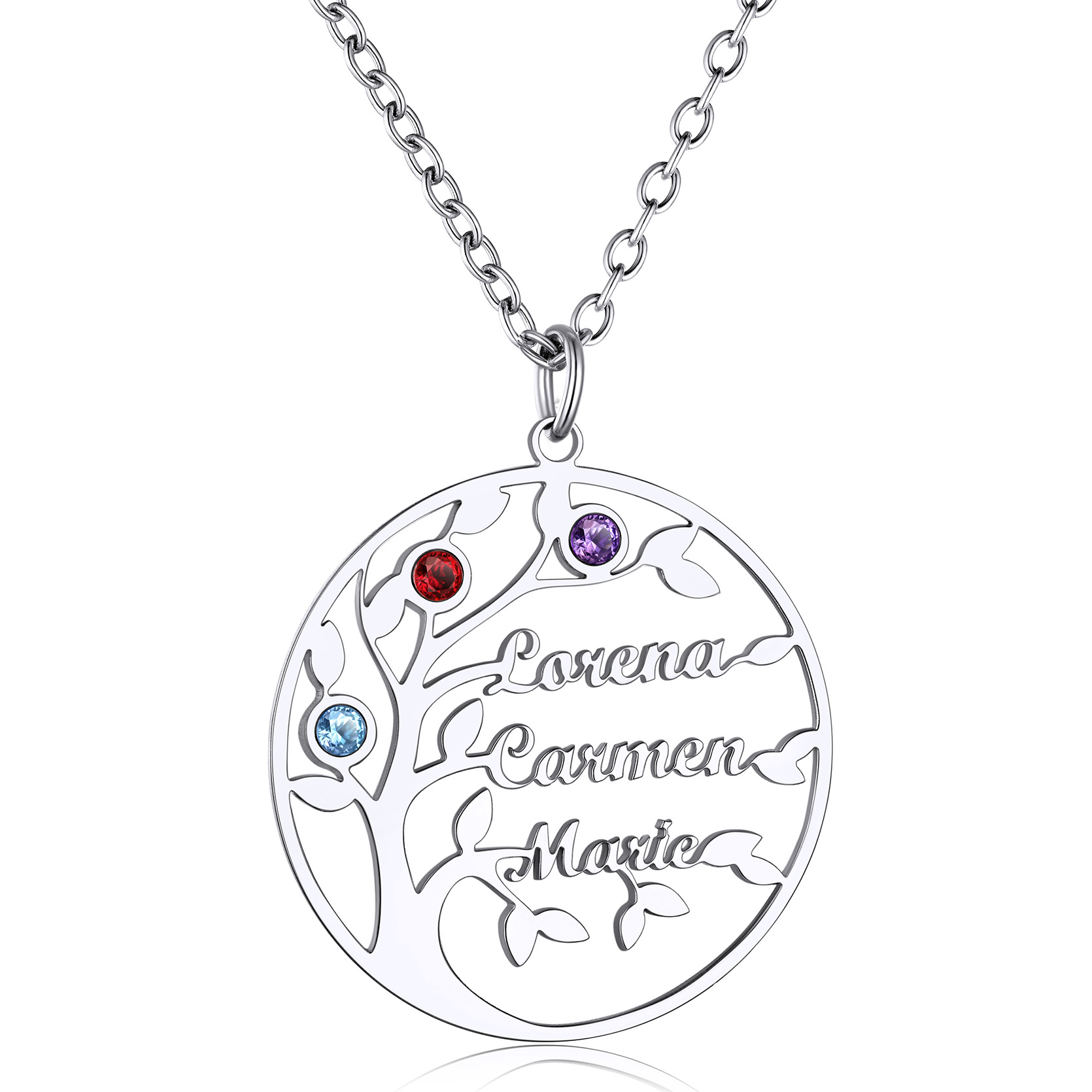 Custom Birthstone Name Plate Family Tree Necklace for Mom silver 3