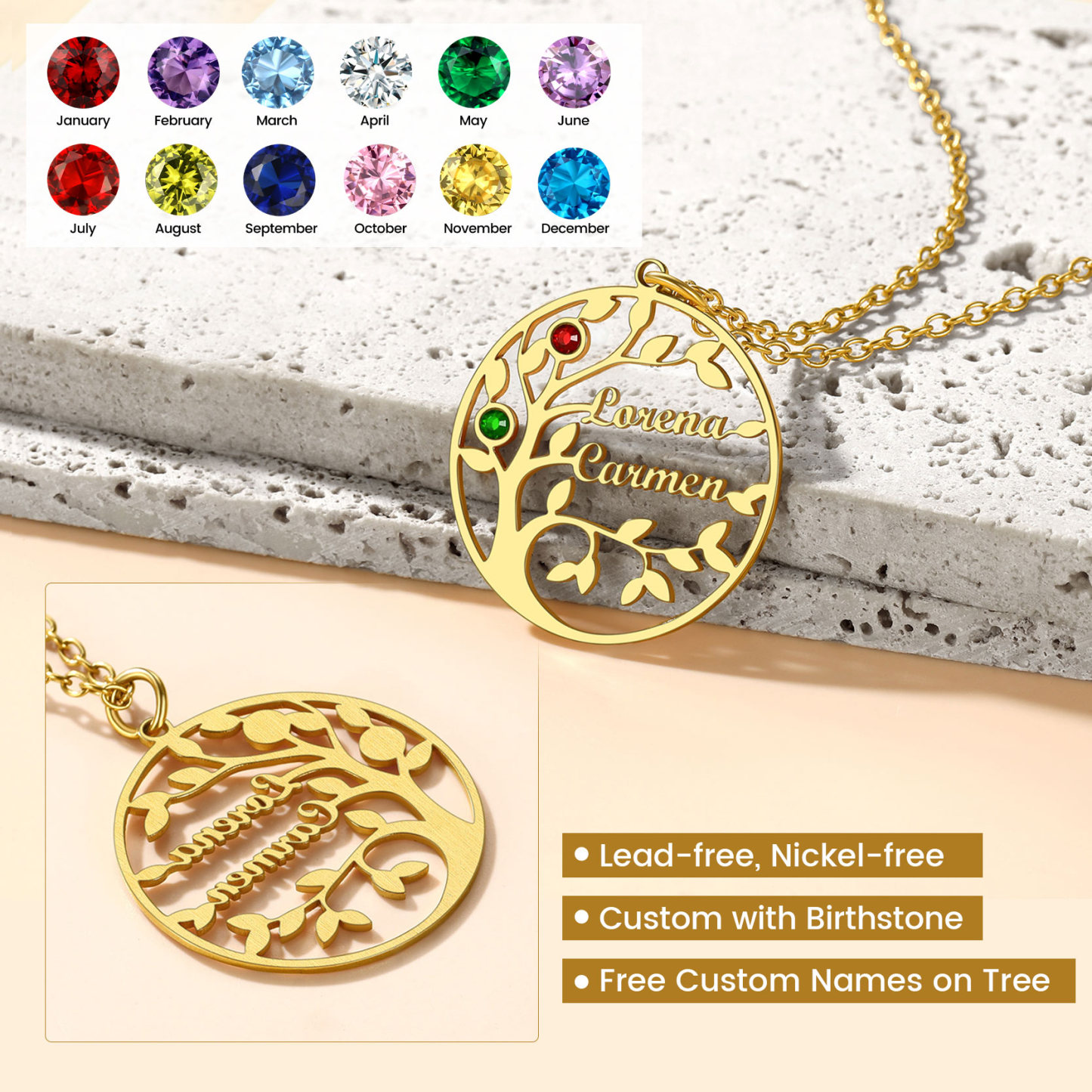 Birthstone Name Plate Family Tree Necklace