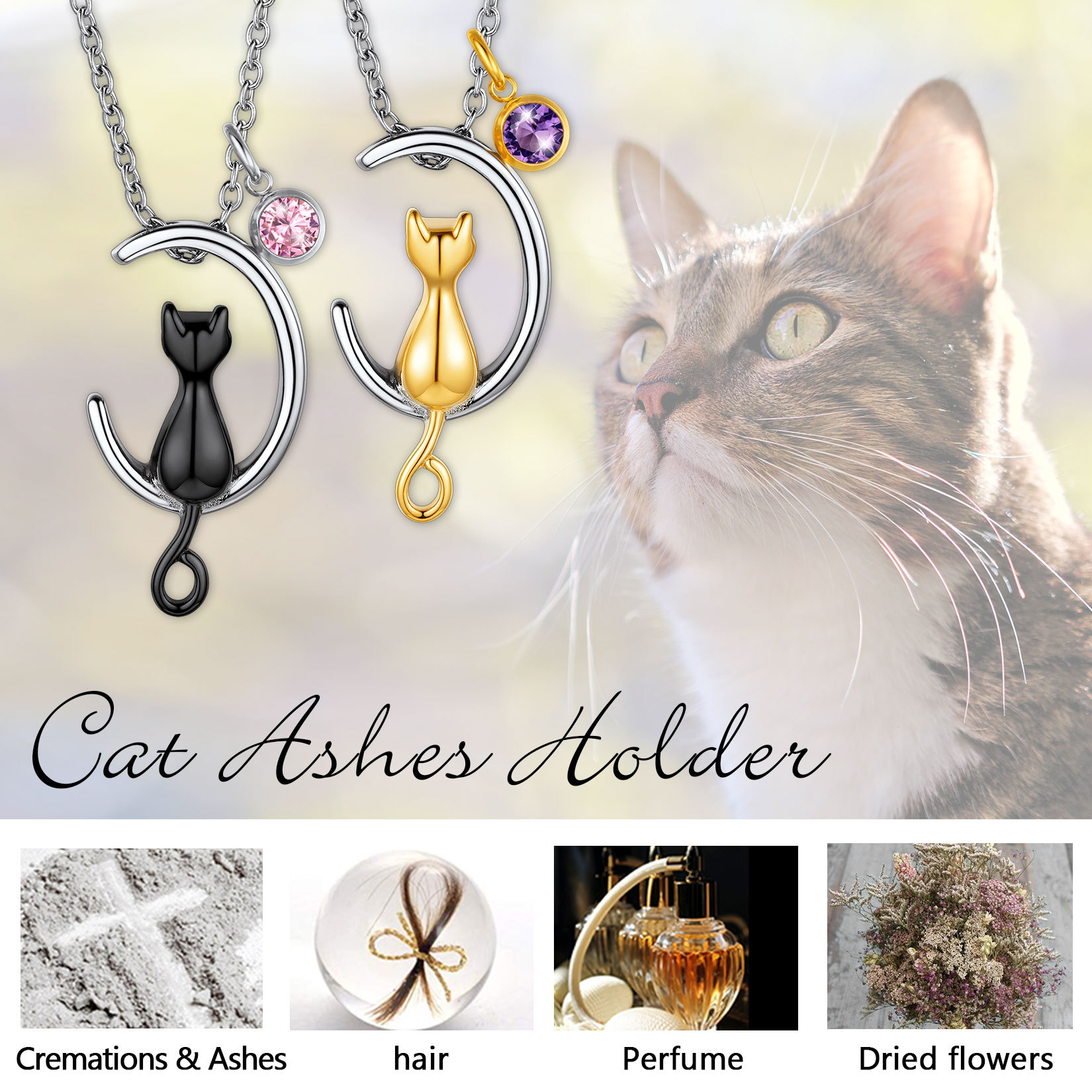  Birthstone Cat Cremation Urn Necklace for ashes