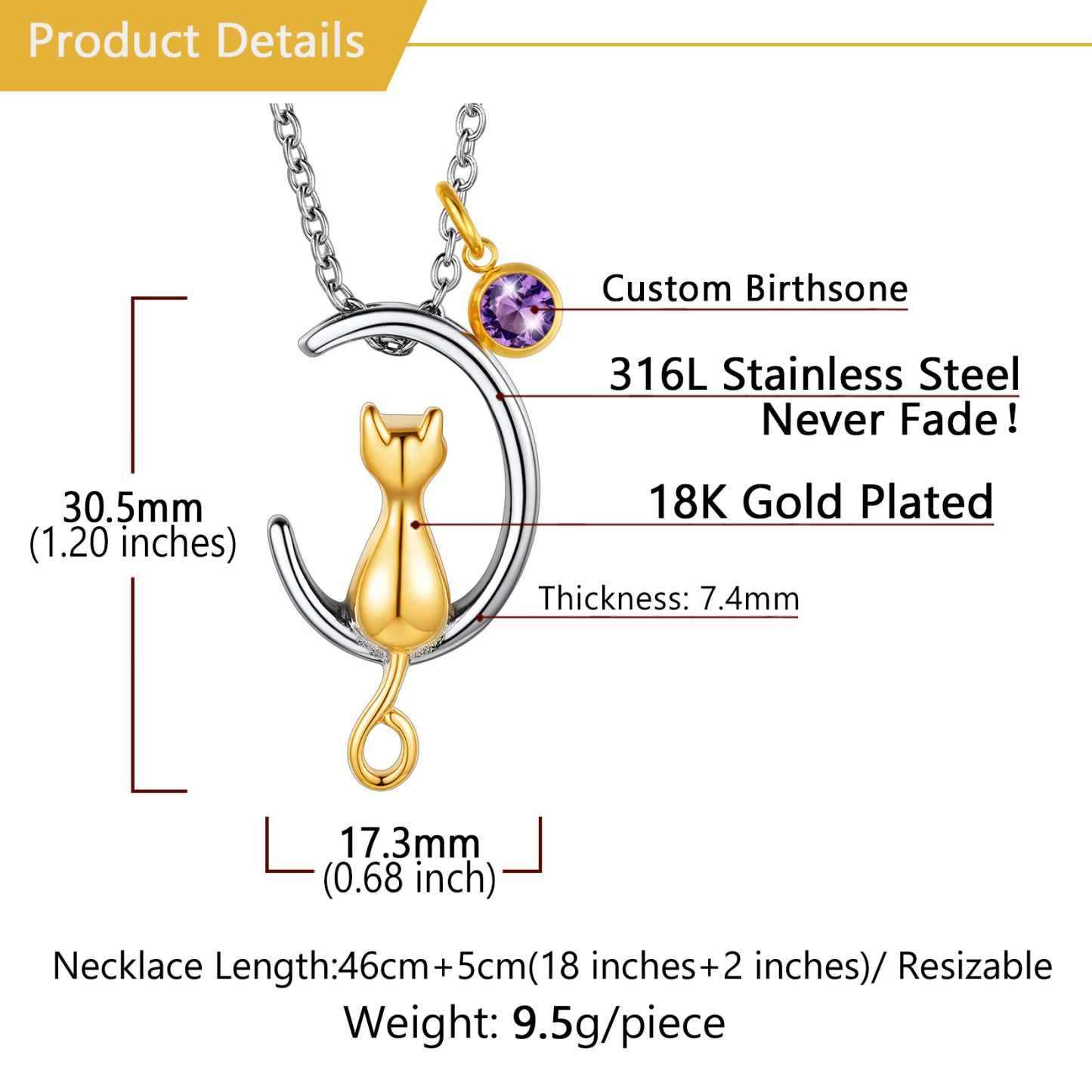  Birthstone Cat Cremation Urn Necklace size